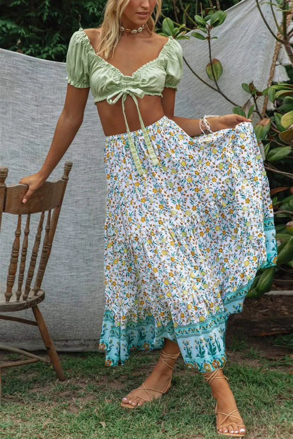 ZESICA Women's 2025 Summer Bohemian Floral Printed Elastic Waist A Line Maxi Skirt with Pockets