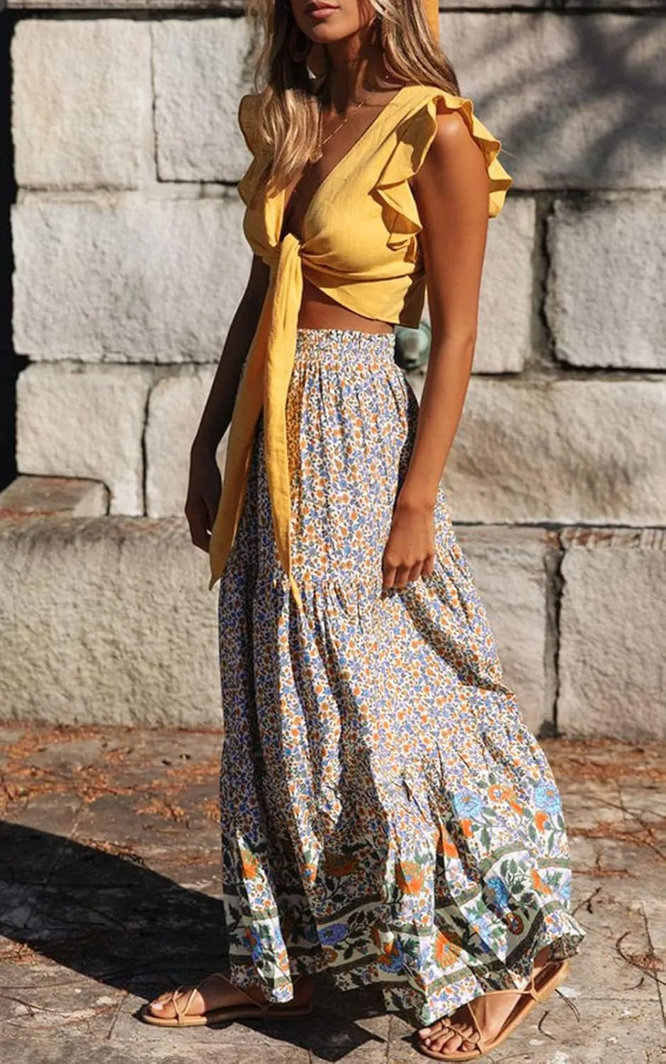 ZESICA Women's 2025 Summer Bohemian Floral Printed Elastic Waist A Line Maxi Skirt with Pockets