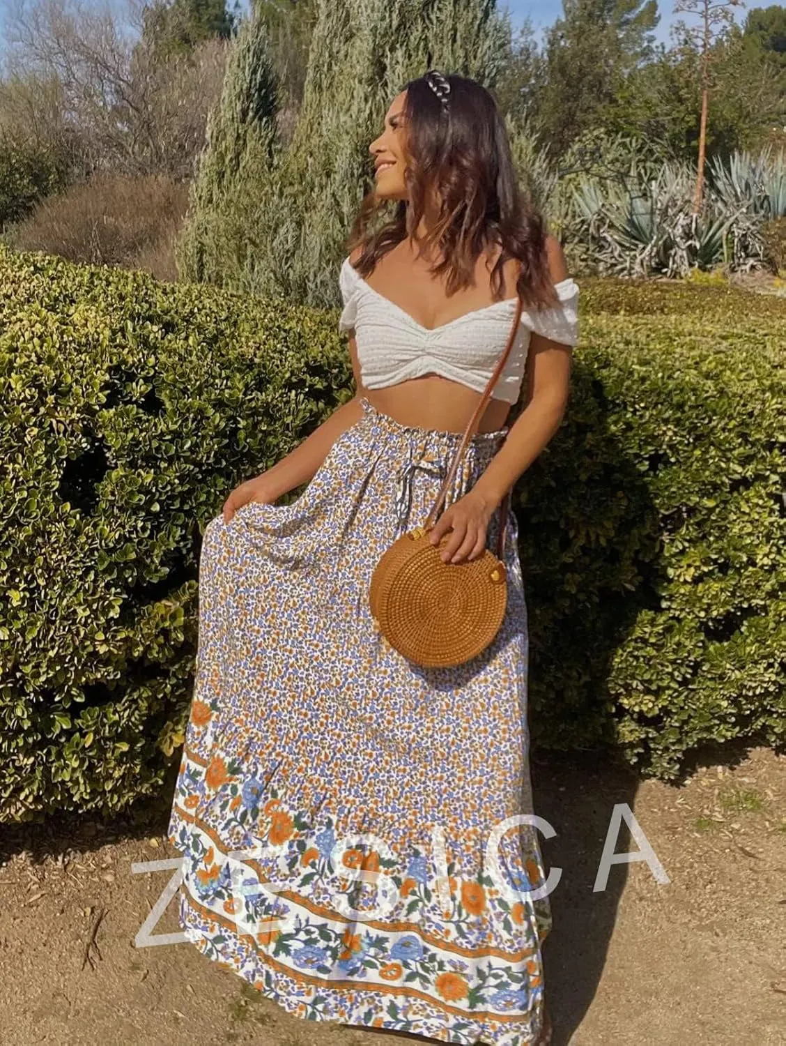 ZESICA Women's 2025 Summer Bohemian Floral Printed Elastic Waist A Line Maxi Skirt with Pockets