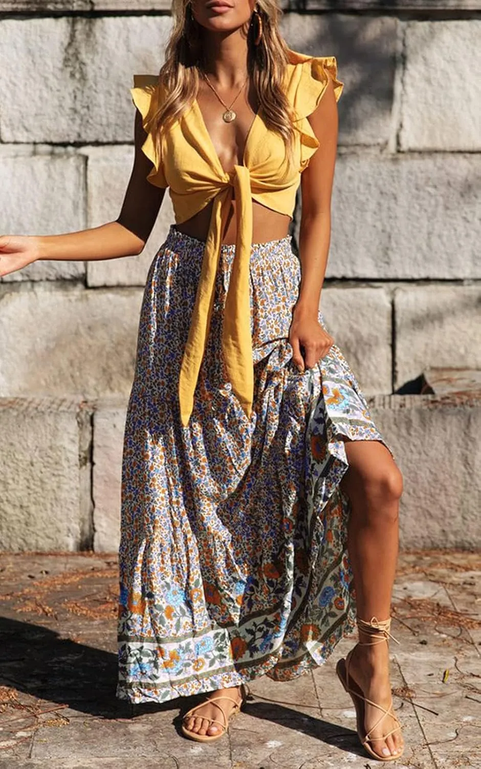 ZESICA Women's 2025 Summer Bohemian Floral Printed Elastic Waist A Line Maxi Skirt with Pockets
