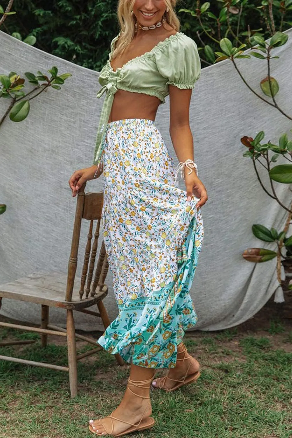 ZESICA Women's 2025 Summer Bohemian Floral Printed Elastic Waist A Line Maxi Skirt with Pockets