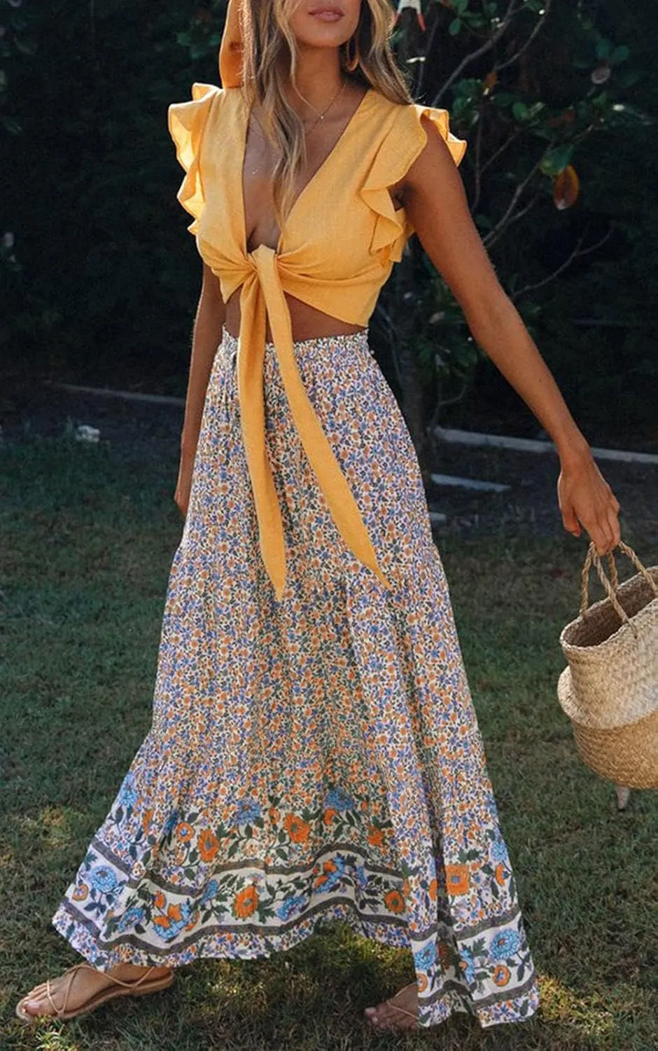 ZESICA Women's 2025 Summer Bohemian Floral Printed Elastic Waist A Line Maxi Skirt with Pockets
