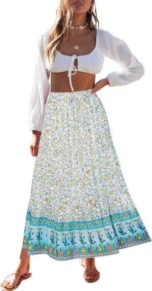 ZESICA Women's 2025 Summer Bohemian Floral Printed Elastic Waist A Line Maxi Skirt with Pockets