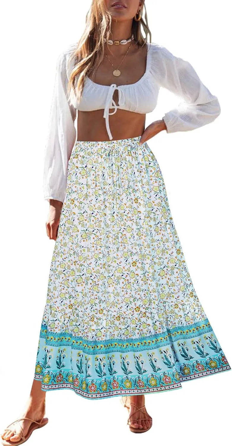 ZESICA Women's 2025 Summer Bohemian Floral Printed Elastic Waist A Line Maxi Skirt with Pockets