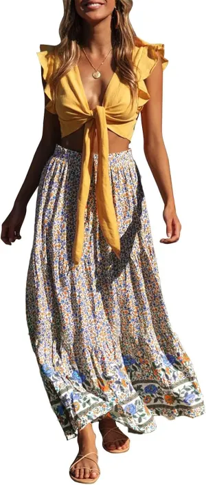 ZESICA Women's 2025 Summer Bohemian Floral Printed Elastic Waist A Line Maxi Skirt with Pockets