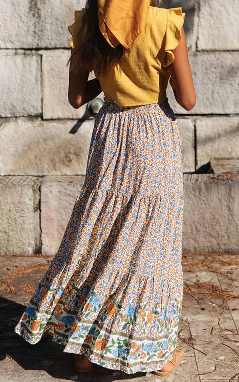 ZESICA Women's 2025 Summer Bohemian Floral Printed Elastic Waist A Line Maxi Skirt with Pockets