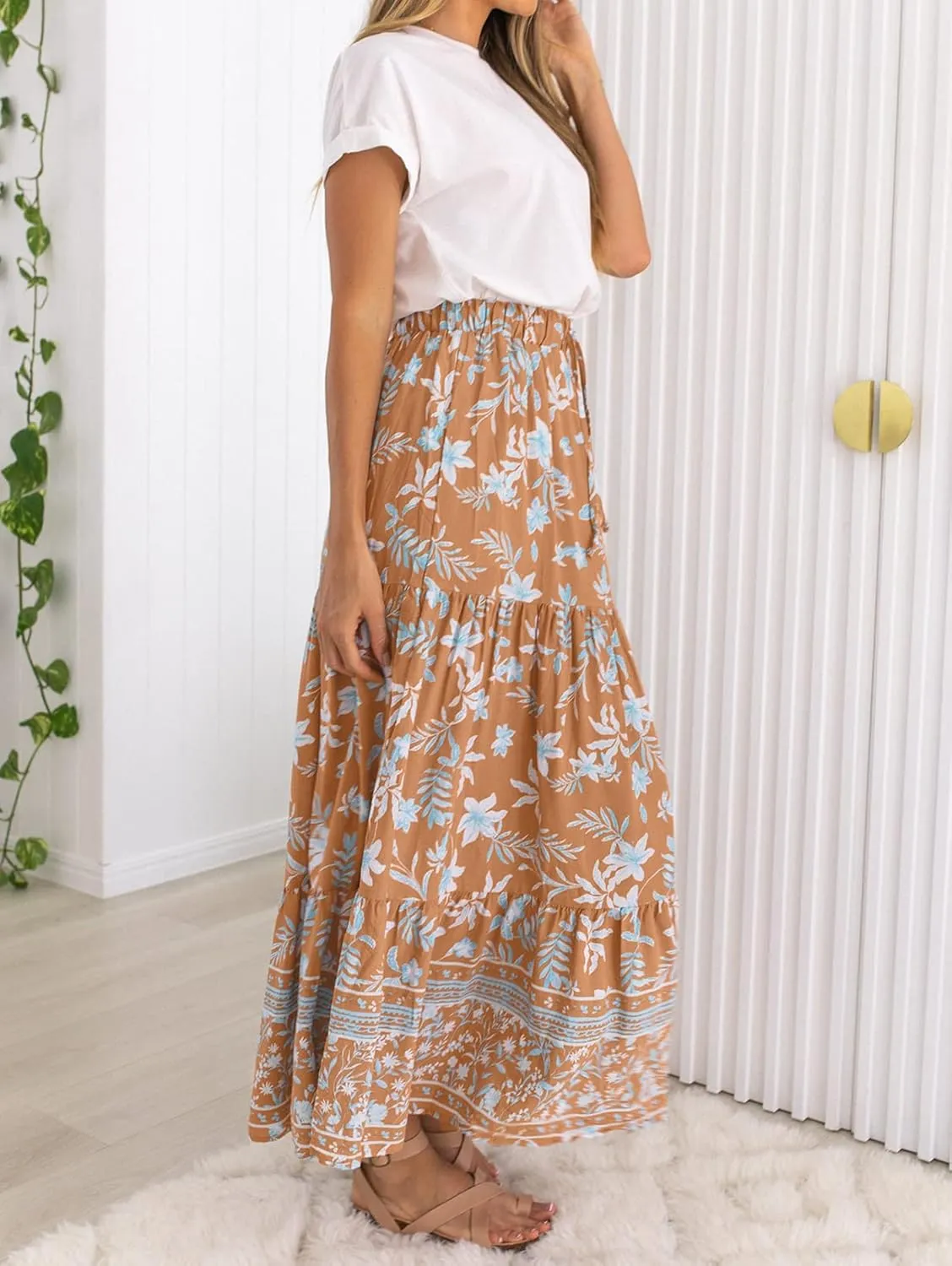 ZESICA Women's 2025 Summer Bohemian Floral Printed Elastic Waist A Line Maxi Skirt with Pockets