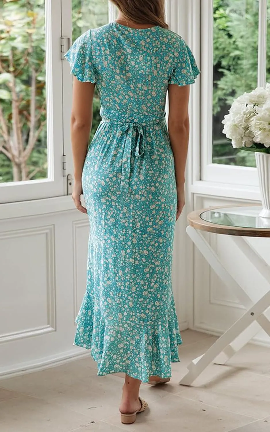 ZESICA Women's Summer Bohemian Floral Printed Wrap V Neck Beach Party Flowy Ruffle Midi Dress