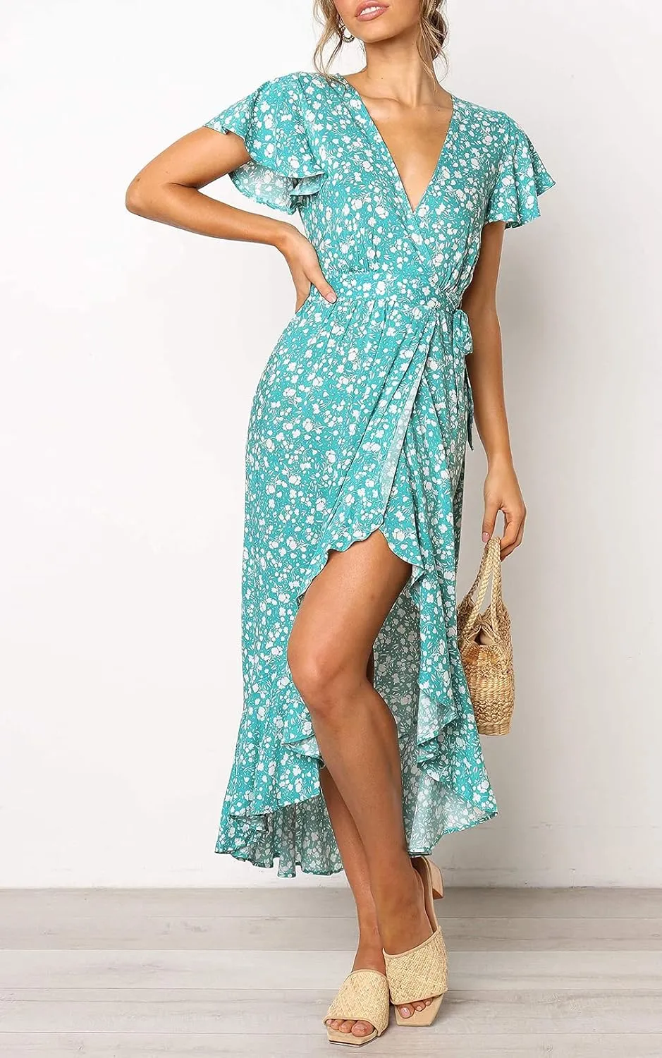 ZESICA Women's Summer Bohemian Floral Printed Wrap V Neck Beach Party Flowy Ruffle Midi Dress