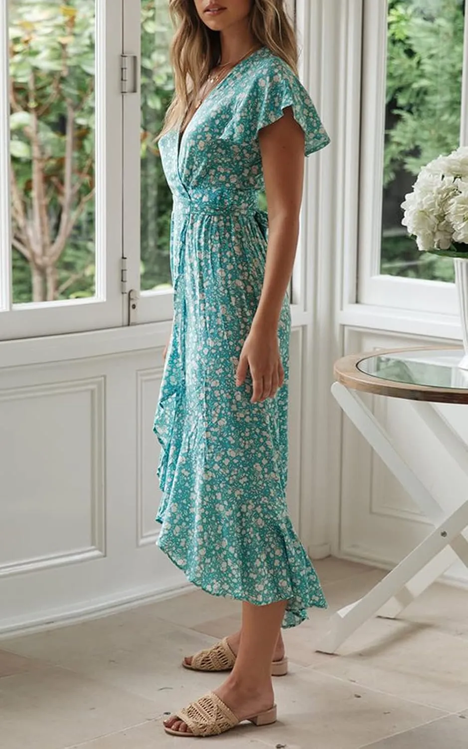ZESICA Women's Summer Bohemian Floral Printed Wrap V Neck Beach Party Flowy Ruffle Midi Dress