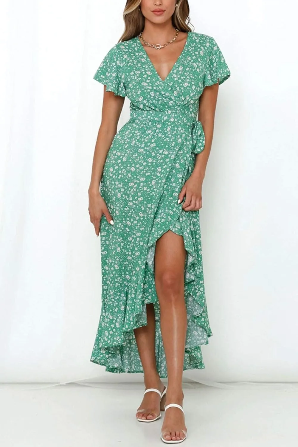 ZESICA Women's Summer Bohemian Floral Printed Wrap V Neck Beach Party Flowy Ruffle Midi Dress