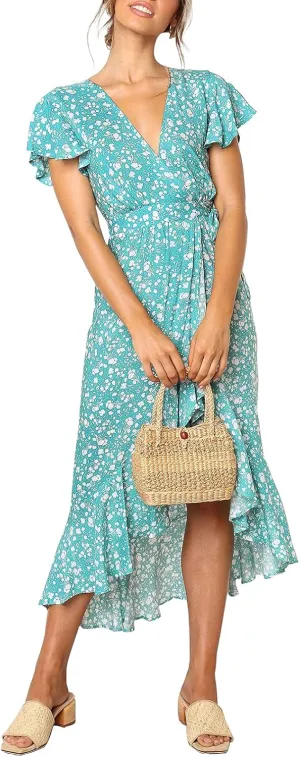 ZESICA Women's Summer Bohemian Floral Printed Wrap V Neck Beach Party Flowy Ruffle Midi Dress