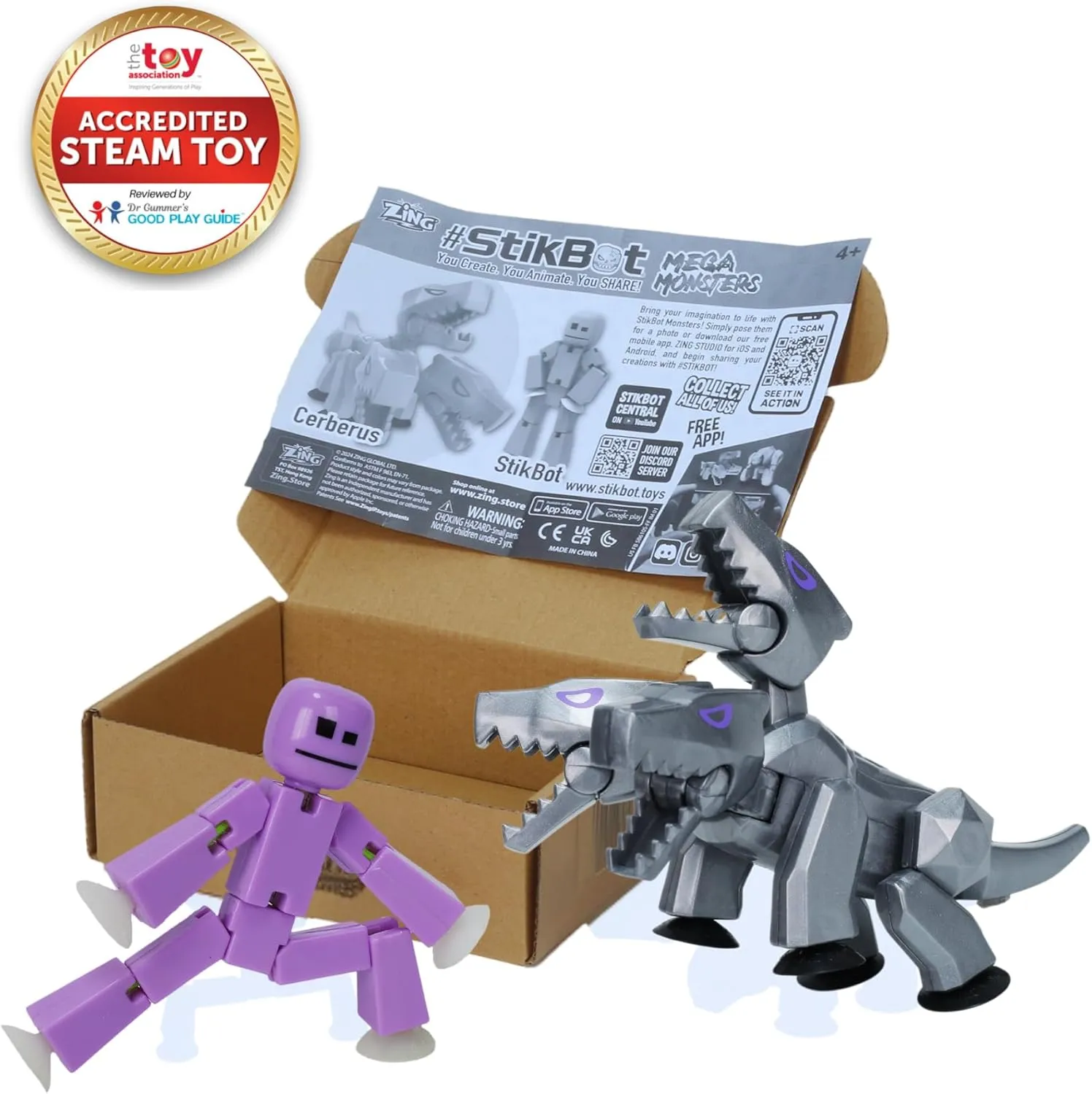 Zing StikBot & Mega Monster Stop-Motion Animation Pack – Exclusive Lavender Purple StikBot   Silver Cerberus Figure, Creative Toy for Kids Age 4 