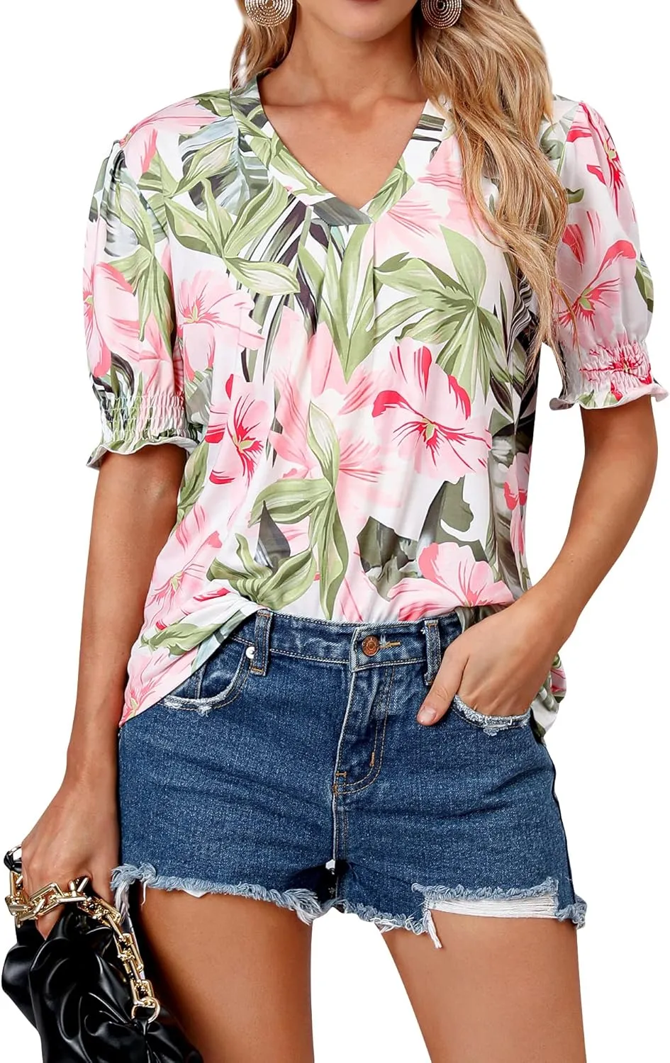 ZXZY Women Ruffle Short Sleeve Pleated V Neck Floral Print Hawaiian Shirts Blouse Tops