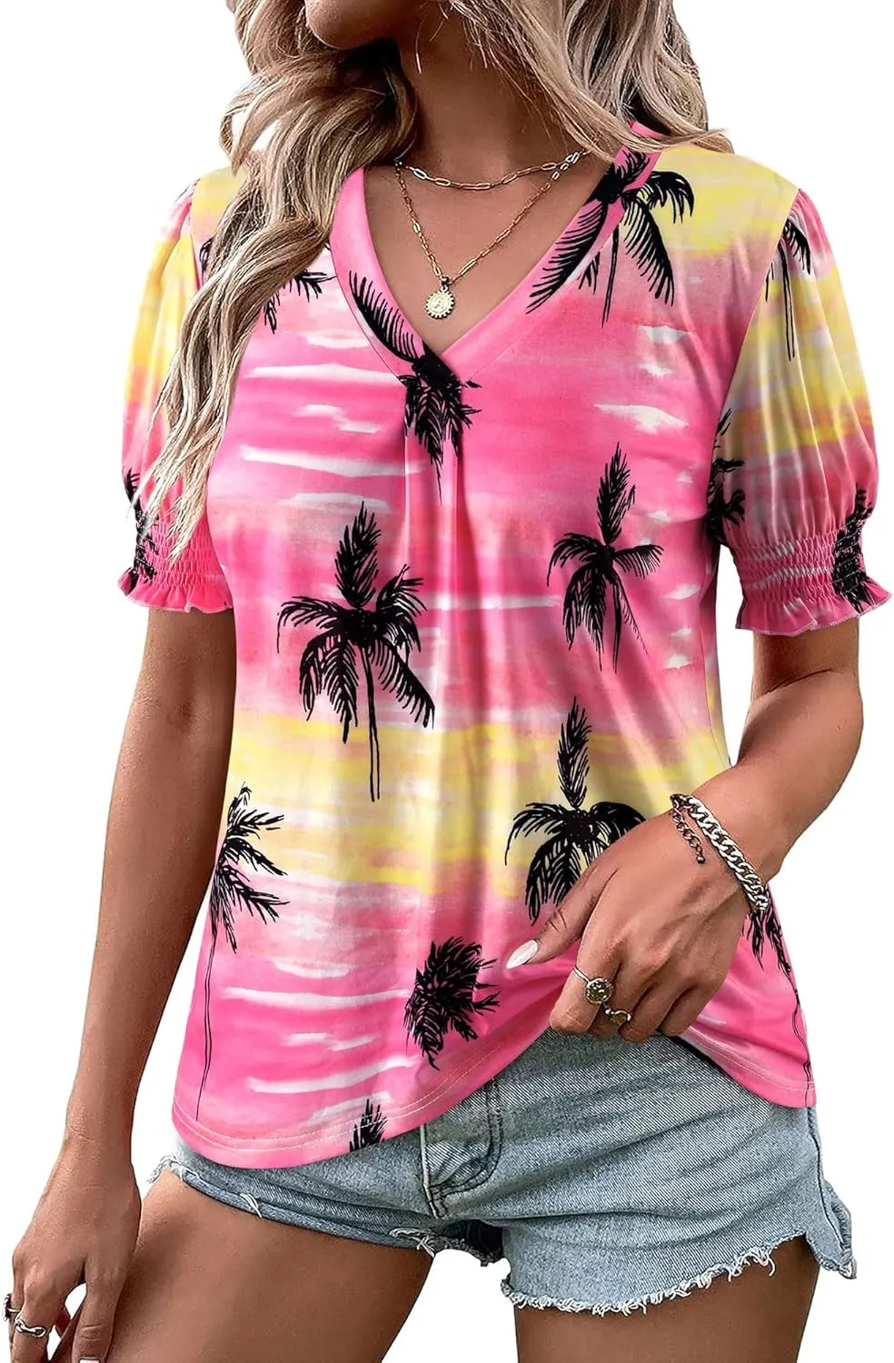 ZXZY Women Ruffle Short Sleeve Pleated V Neck Floral Print Hawaiian Shirts Blouse Tops