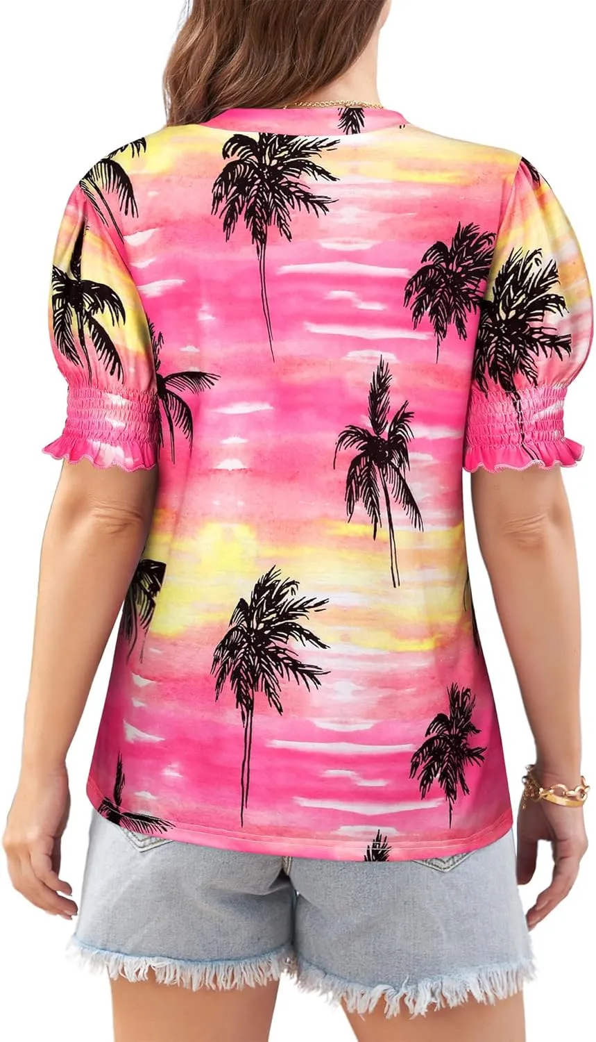 ZXZY Women Ruffle Short Sleeve Pleated V Neck Floral Print Hawaiian Shirts Blouse Tops
