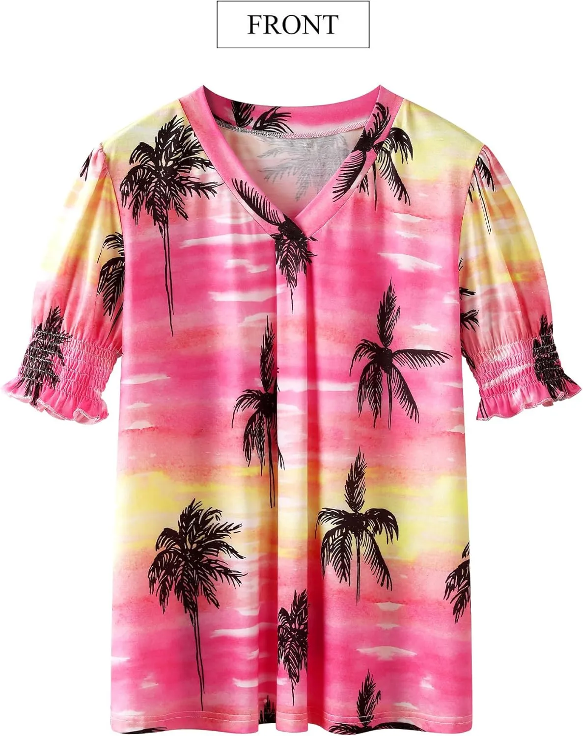 ZXZY Women Ruffle Short Sleeve Pleated V Neck Floral Print Hawaiian Shirts Blouse Tops