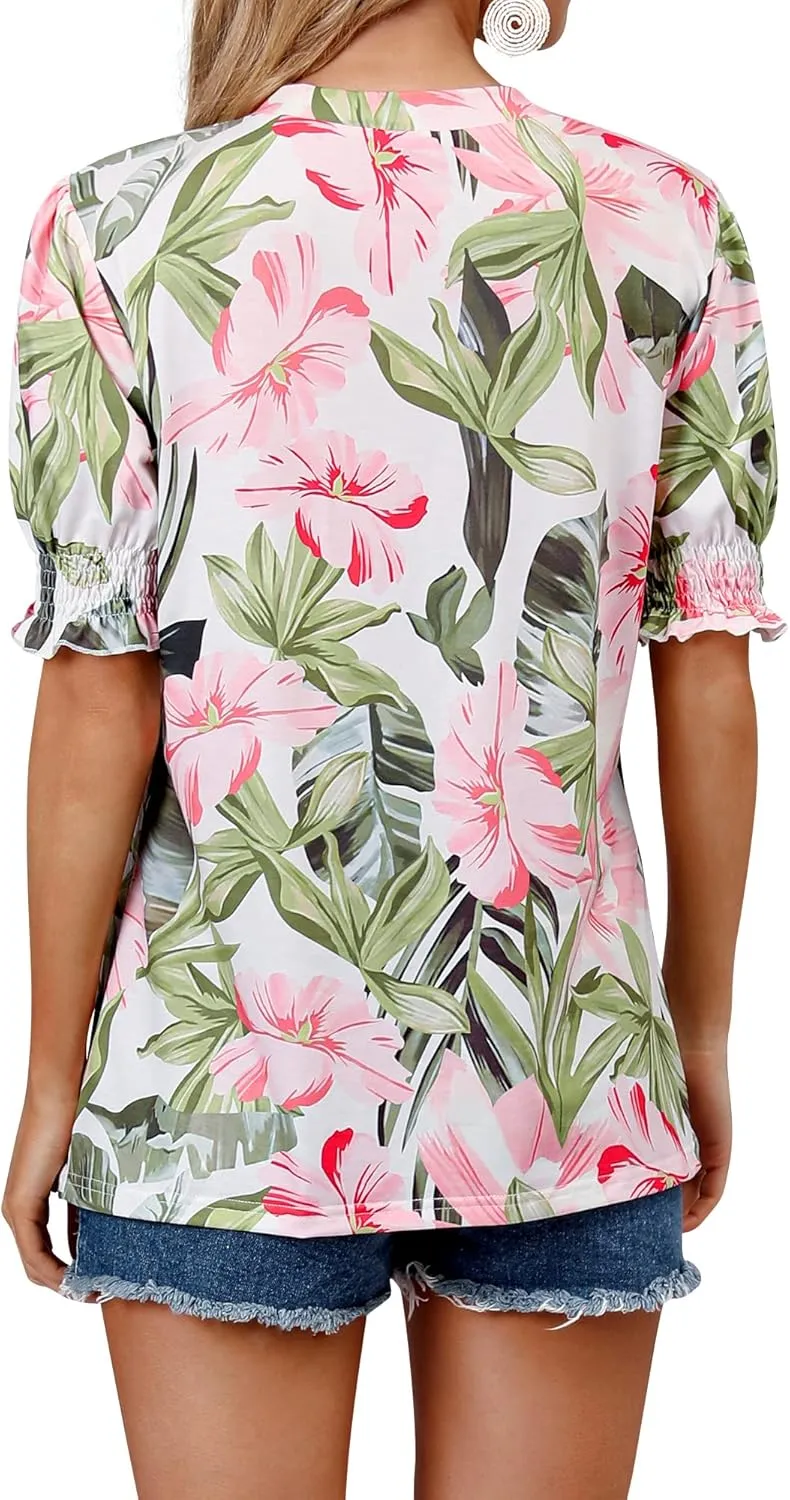ZXZY Women Ruffle Short Sleeve Pleated V Neck Floral Print Hawaiian Shirts Blouse Tops