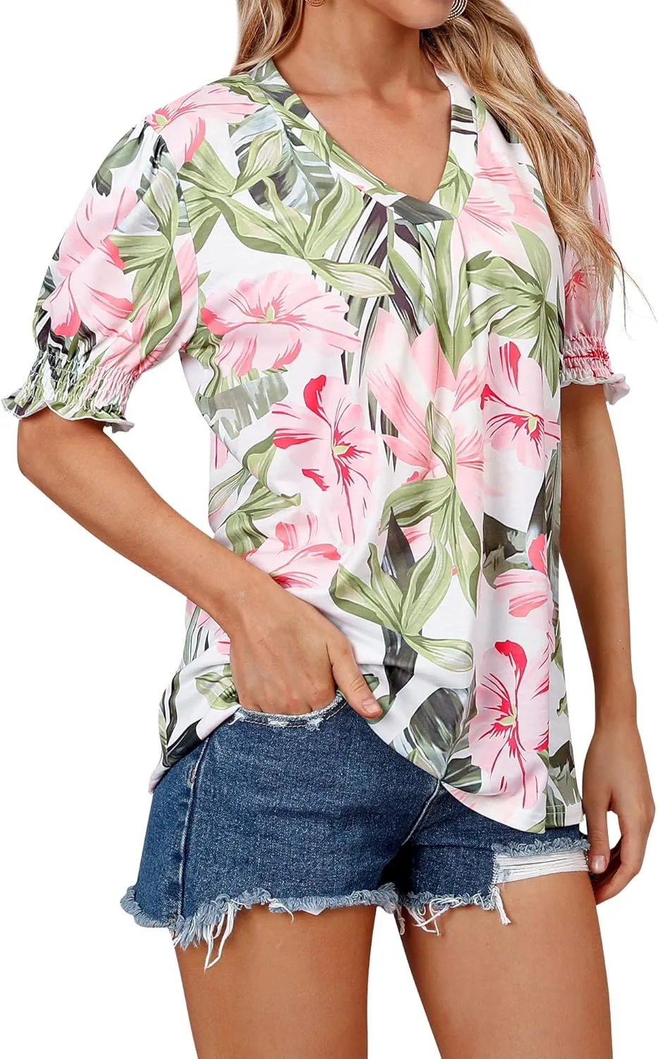 ZXZY Women Ruffle Short Sleeve Pleated V Neck Floral Print Hawaiian Shirts Blouse Tops
