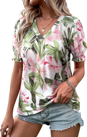 ZXZY Women Ruffle Short Sleeve Pleated V Neck Floral Print Hawaiian Shirts Blouse Tops