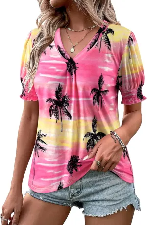 ZXZY Women Ruffle Short Sleeve Pleated V Neck Floral Print Hawaiian Shirts Blouse Tops