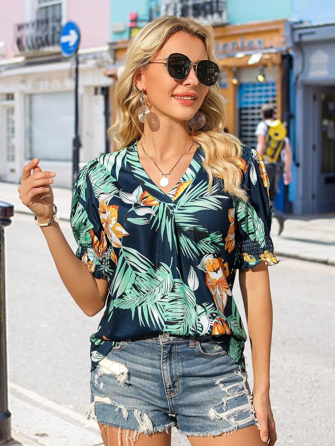 ZXZY Women Ruffle Short Sleeve Pleated V Neck Floral Print Hawaiian Shirts Blouse Tops