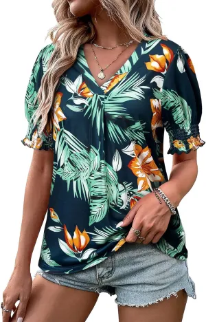 ZXZY Women Ruffle Short Sleeve Pleated V Neck Floral Print Hawaiian Shirts Blouse Tops