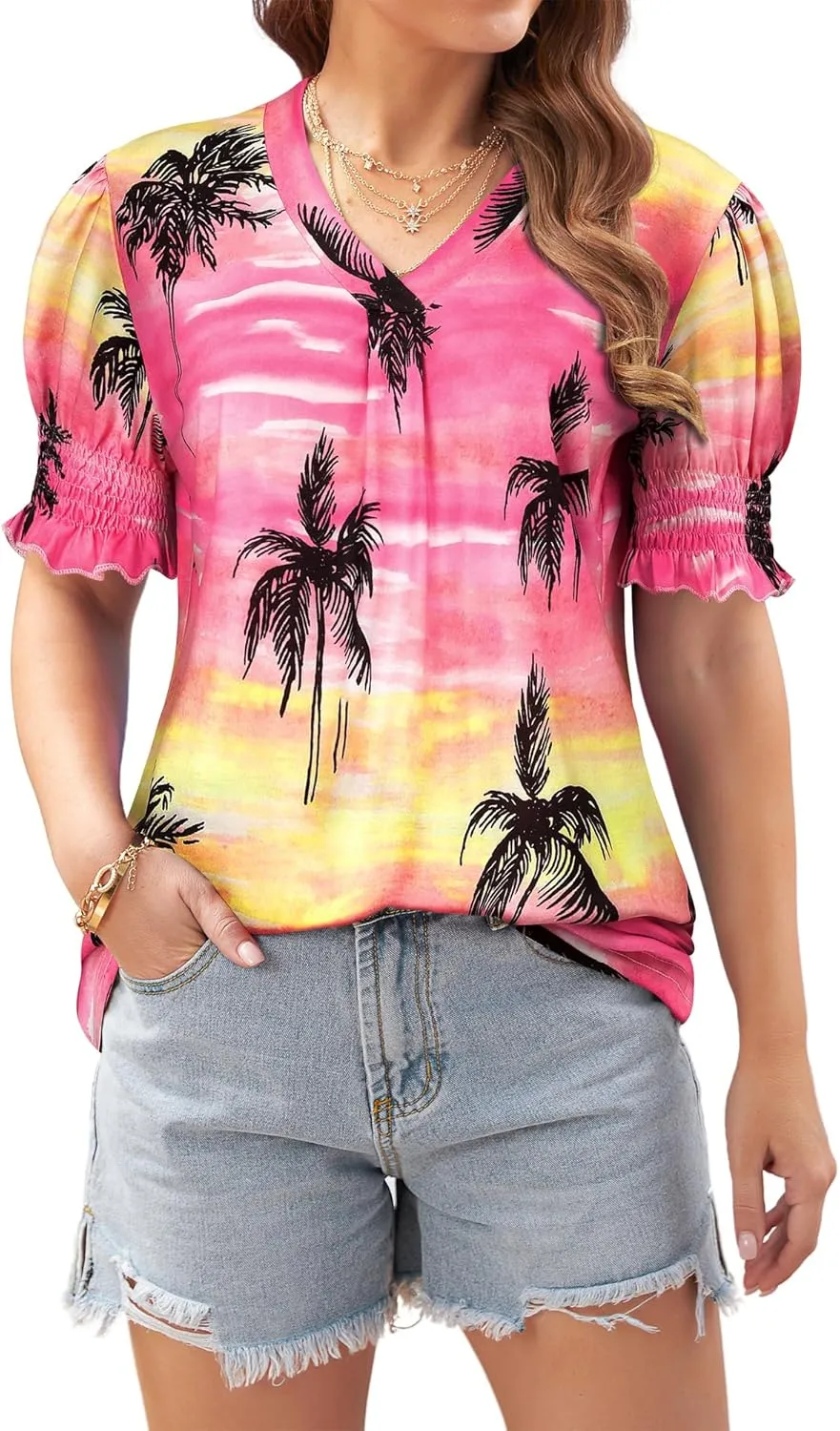 ZXZY Women Ruffle Short Sleeve Pleated V Neck Floral Print Hawaiian Shirts Blouse Tops