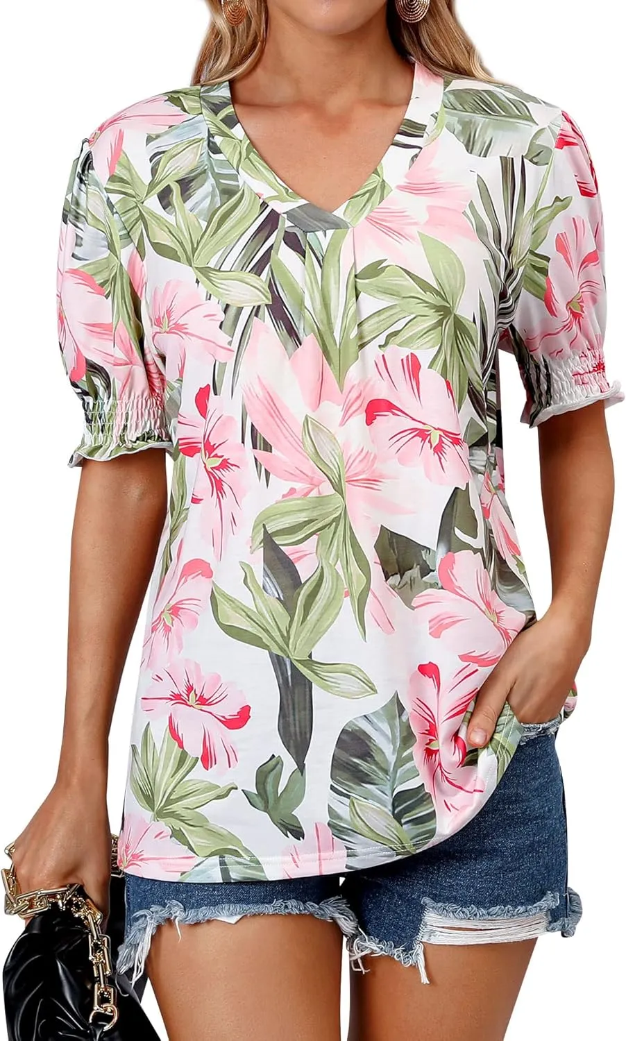 ZXZY Women Ruffle Short Sleeve Pleated V Neck Floral Print Hawaiian Shirts Blouse Tops