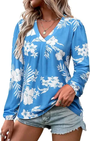 ZXZY Womens Hawaiian Shirt Vintage Leaf Floral Printed Tropical Tops V Neck Puff Long Sleeves Shirts