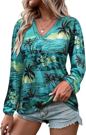ZXZY Womens Hawaiian Shirt Vintage Leaf Floral Printed Tropical Tops V Neck Puff Long Sleeves Shirts