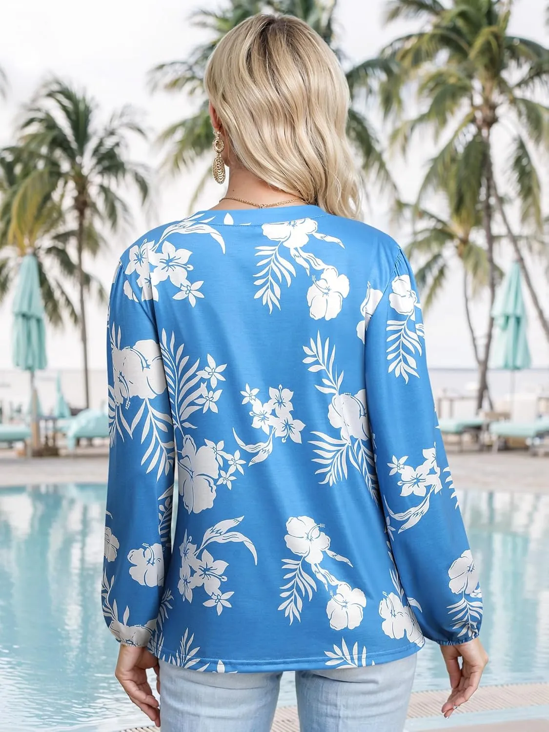 ZXZY Womens Hawaiian Shirt Vintage Leaf Floral Printed Tropical Tops V Neck Puff Long Sleeves Shirts
