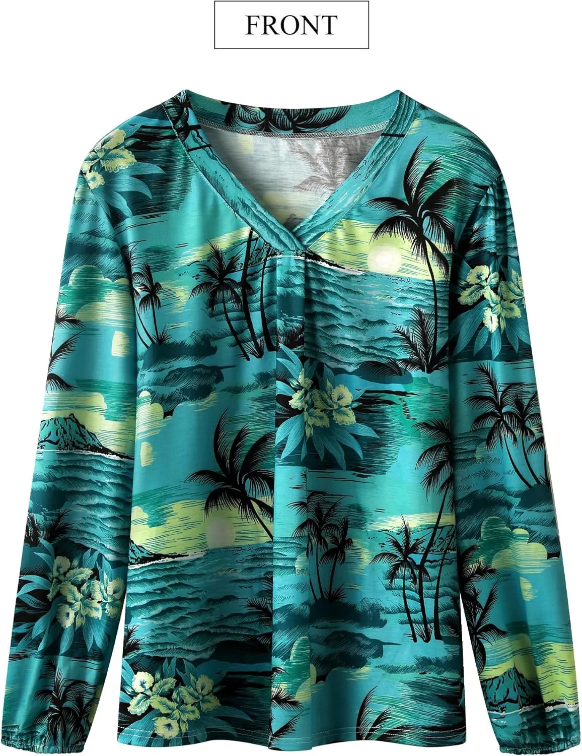 ZXZY Womens Hawaiian Shirt Vintage Leaf Floral Printed Tropical Tops V Neck Puff Long Sleeves Shirts