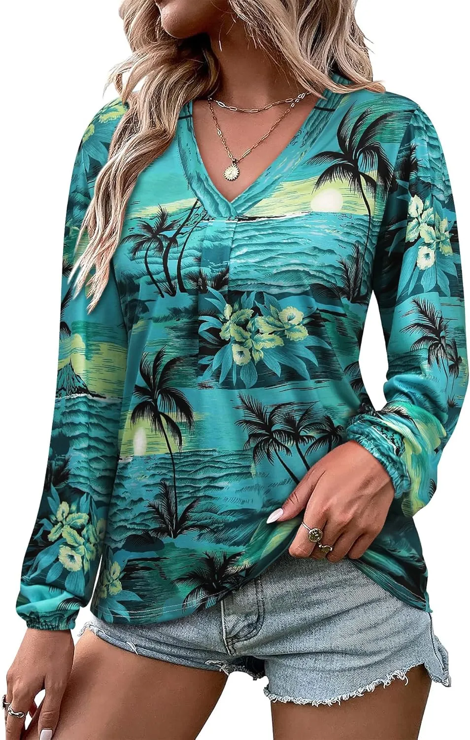 ZXZY Womens Hawaiian Shirt Vintage Leaf Floral Printed Tropical Tops V Neck Puff Long Sleeves Shirts